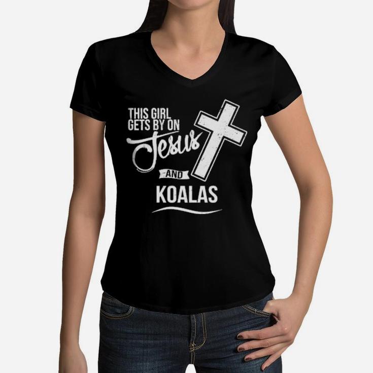 This Girl Gets By On Jesus And Koalas Religious Koala Women V-Neck T-Shirt