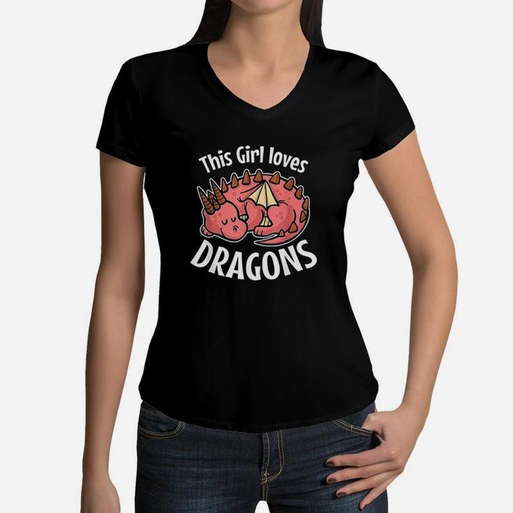 This Girl Loves Dragons Girls Dragon  Pajamas Gift Women V-Neck T-Shirt