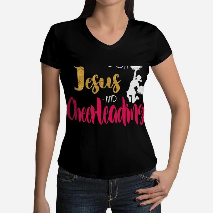 This Girl Runs On Jesus And Cheerleading Cheerleader Gift Women V-Neck T-Shirt