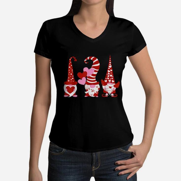 Three Gnomes Holding Hearts Valentines Boys Girls Women V-Neck T-Shirt