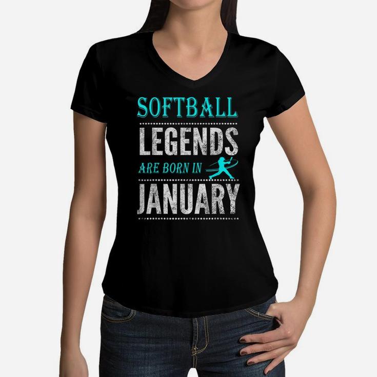 Top Boys  Girls Softball Legend Born January Gift Women V-Neck T-Shirt