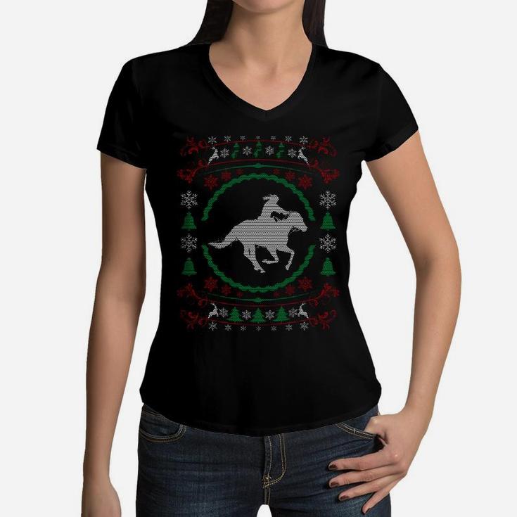 Ugly Christmas Style Cowgirl Riding Xmas Sweatshirt Women V-Neck T-Shirt