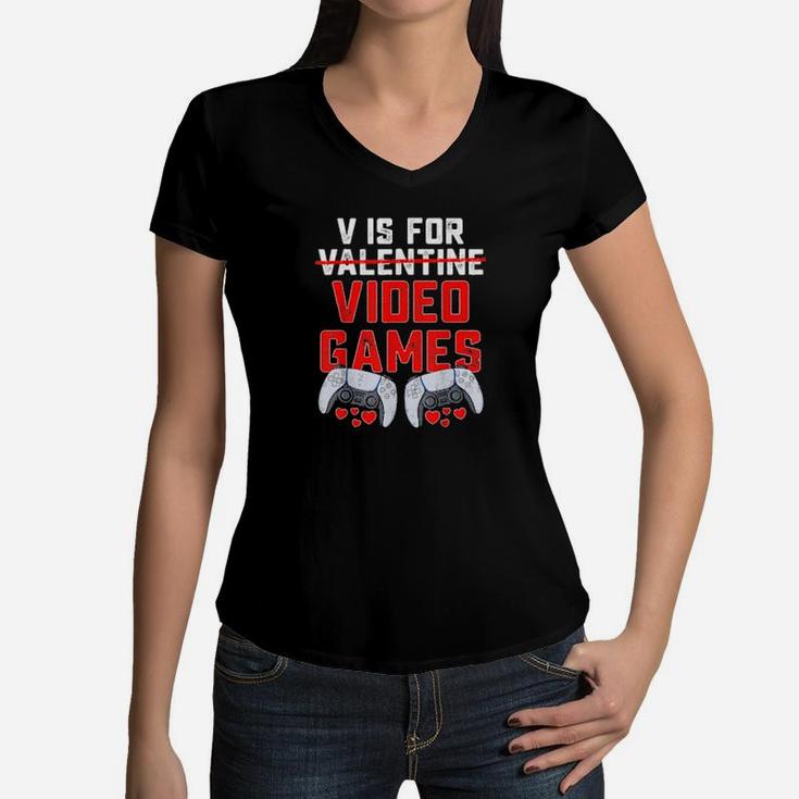 V Is For Video Games Valentines Day Boys Women V-Neck T-Shirt