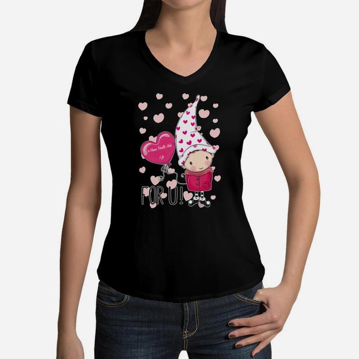 Valentines Day Home Health Aide Life Pink Gnome Holds Heart Balloon Women V-Neck T-Shirt