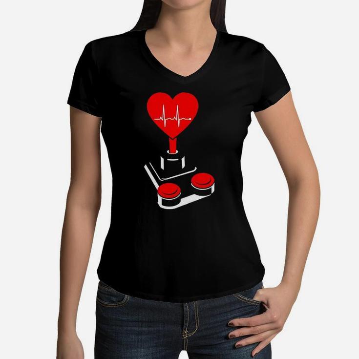 Video Gamer Heart Controller Valentine's Day Boys Women V-Neck T-Shirt