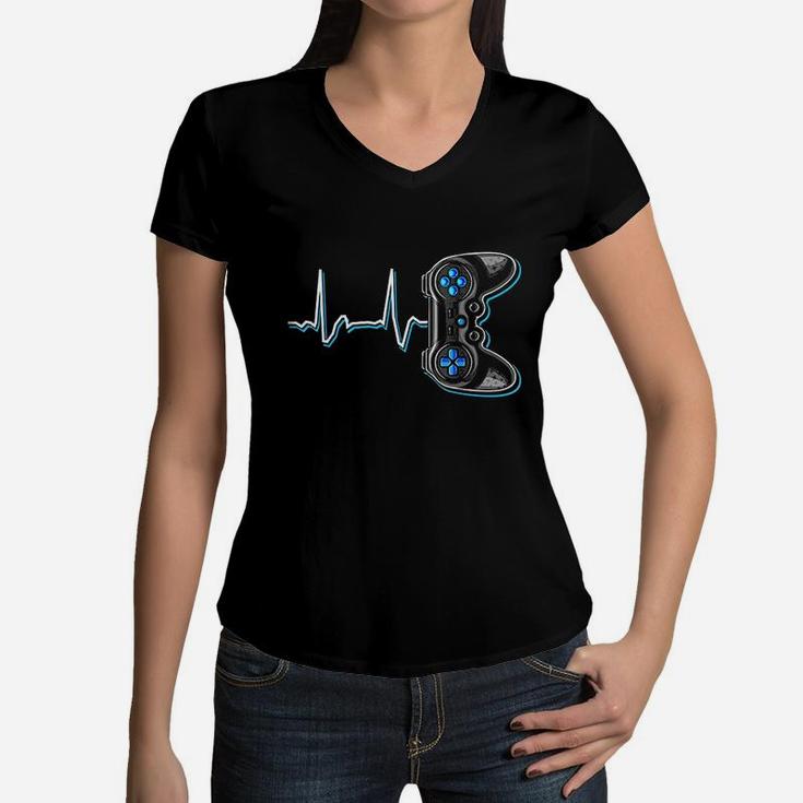 Video Gamer Heartbeat Video Game Controller Gift Kids Boys Women V-Neck T-Shirt