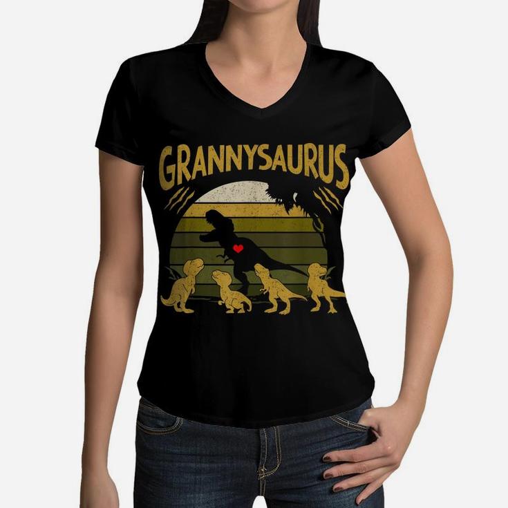 Vintage Retro 4 Kids Grannysaurus Dinosaur Lover Women V-Neck T-Shirt