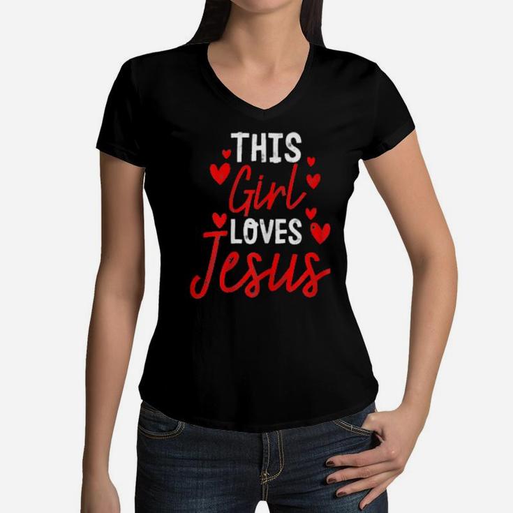 Womens Girl Loves Jesus Cute Christian Religious Women V-Neck T-Shirt