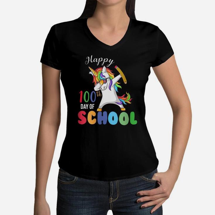 Womens Happy 100 Days Of School Unicorn Dabbing 100Th Day Girls Kid Women V-Neck T-Shirt