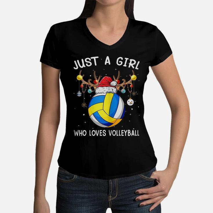Womens Just A Girl Who Loves Volleyball Christmas Funny Santa Hat Women V-Neck T-Shirt