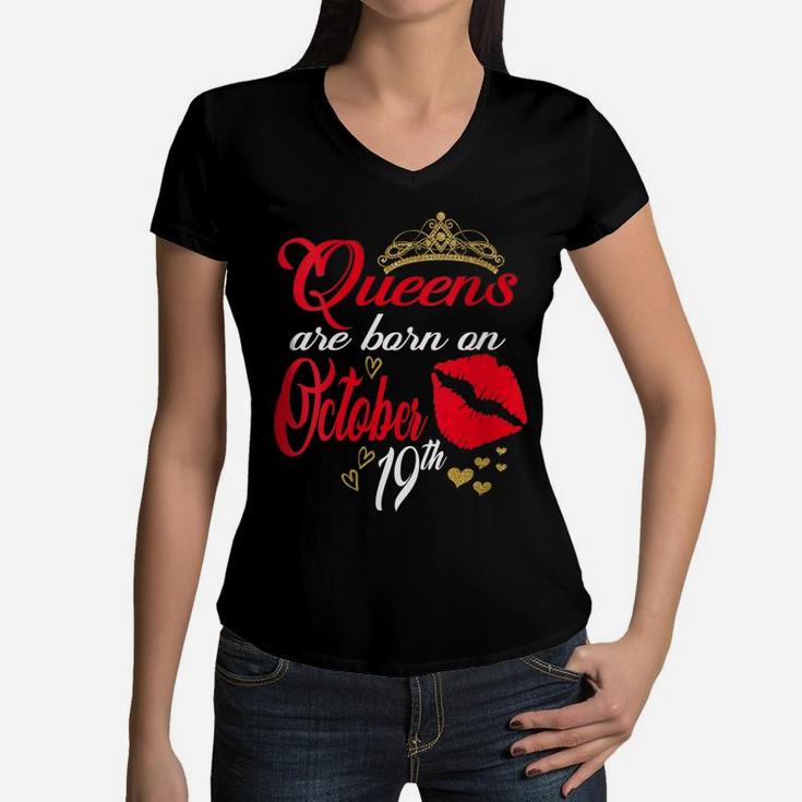 Womens Red Lips Queens Are Born On October 19Th Libra Birthday Girl Women V-Neck T-Shirt