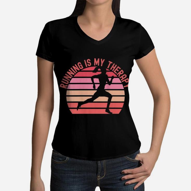 Womens Running Is My Therapy Girl Runner Retro Sunset Funny Women V-Neck T-Shirt