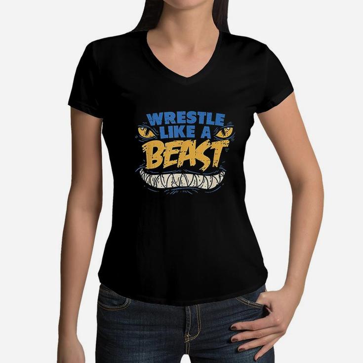 Wrestle Like A Beast Wrestling Workout Girls Boys Women V-Neck T-Shirt