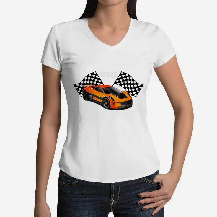 100 Days Of School Racing Race Car Boys Teacher Student Women V-Neck T-Shirt
