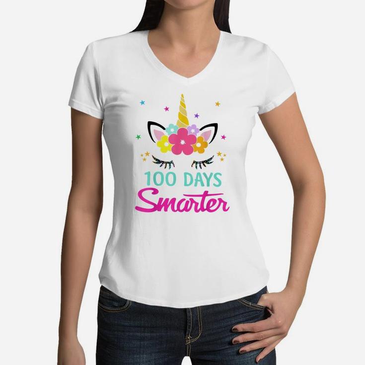 100 Days Of School Shirt 100 Days Smarter Unicorn Girls Gift Women V-Neck T-Shirt