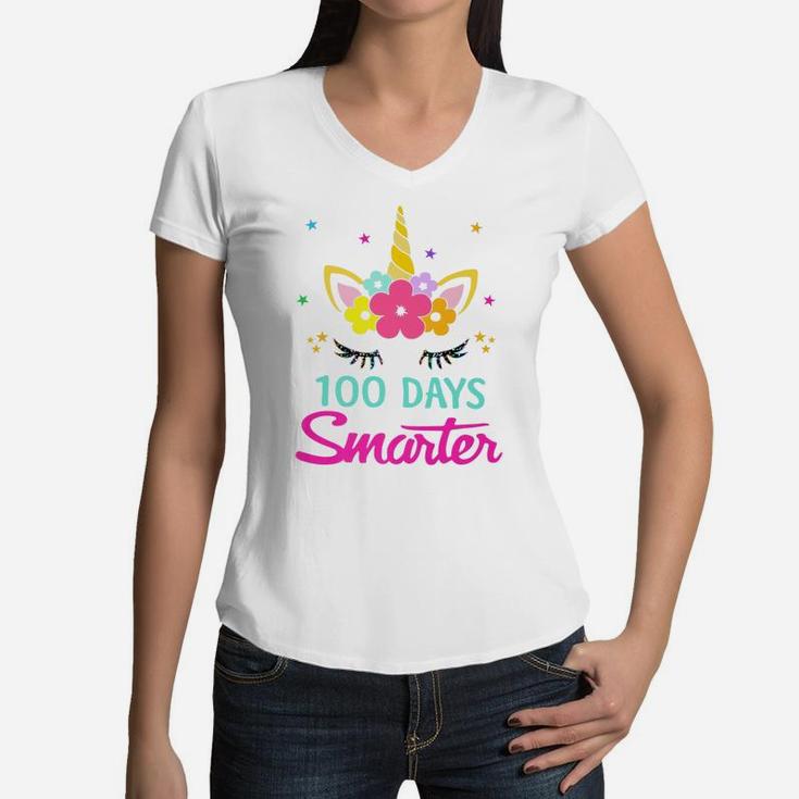 100 Days Of School Shirt 100 Days Smarter Unicorn Girls Gift Women V-Neck T-Shirt