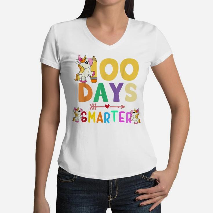 100 Days Smarter 100Th Day Of School Teacher Kids Unicorn Women V-Neck T-Shirt