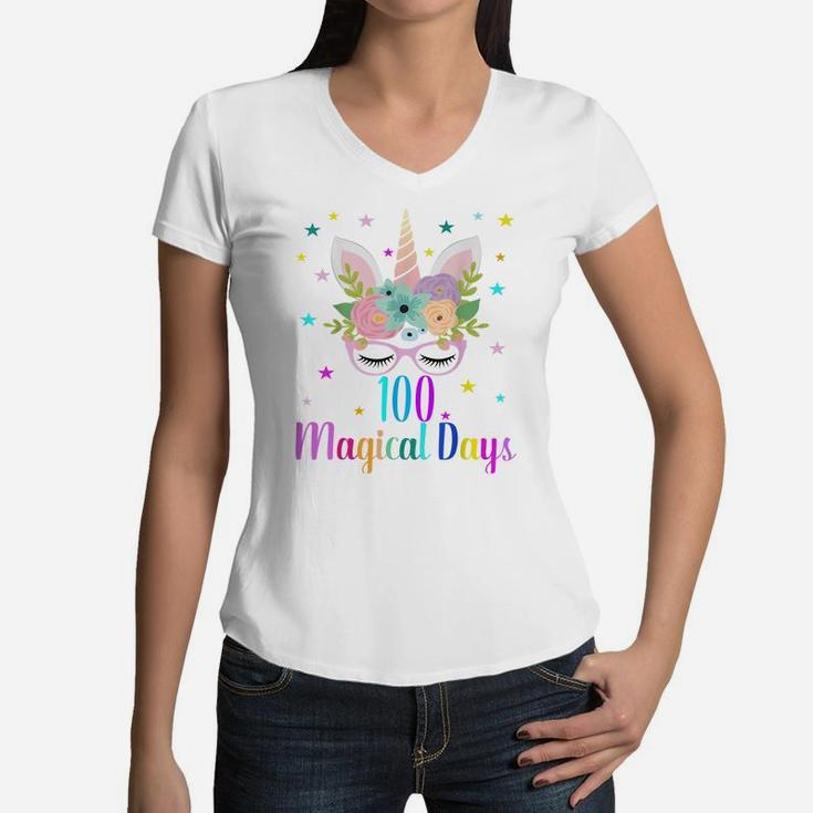 100 Magical Days 100Th Day Of School Girl Unicorn Costume Women V-Neck T-Shirt