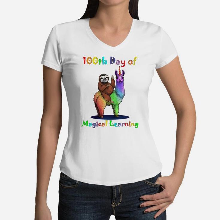 100Th Day Of School Sloth And Llama Unicorn Kid And Teacher Women V-Neck T-Shirt