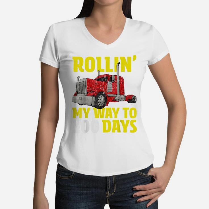 100Th Day Of SchoolShirt Boys Truck 100 Days Of School Women V-Neck T-Shirt