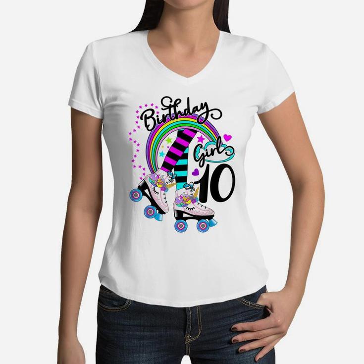 10Th Unicorn Roller Skate Birthday Party For Girls Shirt Women V-Neck T-Shirt