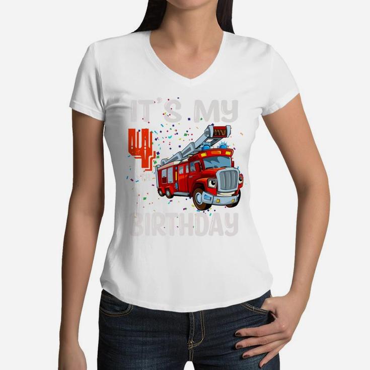 4 Year Old Gifts Kids Boys Fire Truck 4Th Birthday Women V-Neck T-Shirt