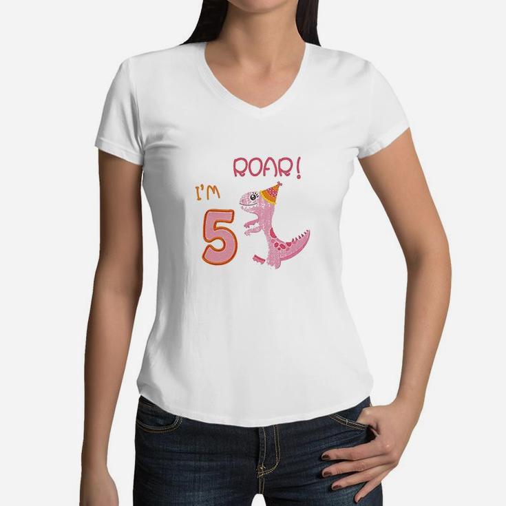 5Th Birthday Girl  5 Years Old Dinosaur Party Bday Women V-Neck T-Shirt