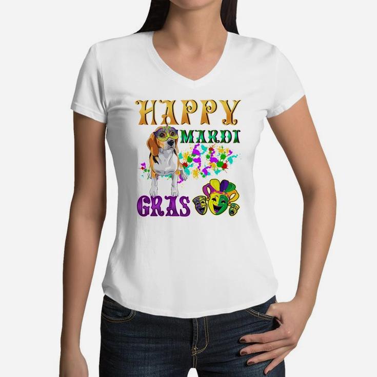 Beagle Dog Breed Happy Mardi Gras Festival Women V-Neck T-Shirt