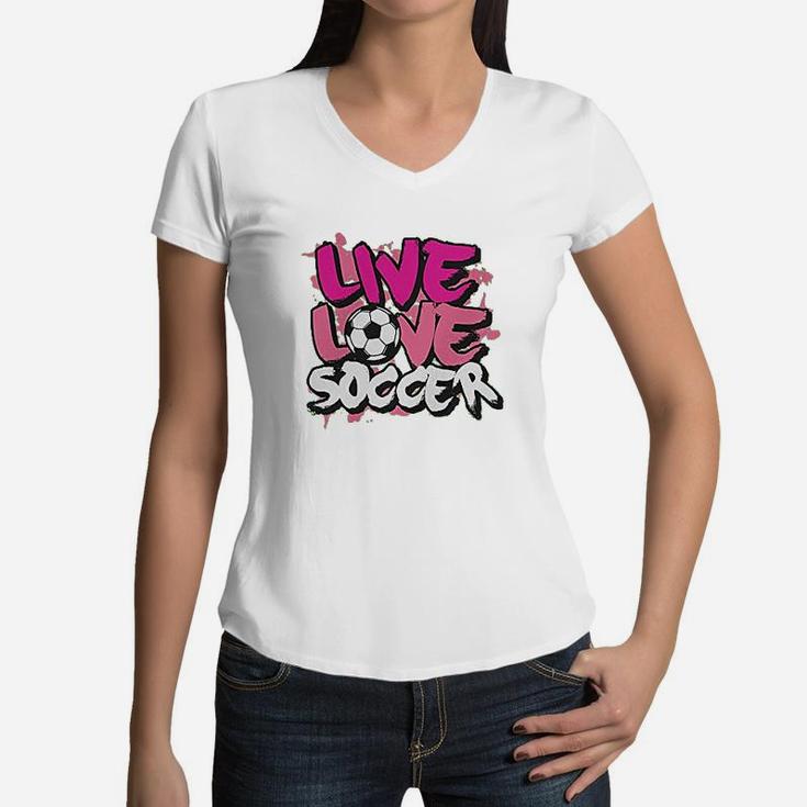 Big Girls Live Love Soccer Youth Women V-Neck T-Shirt