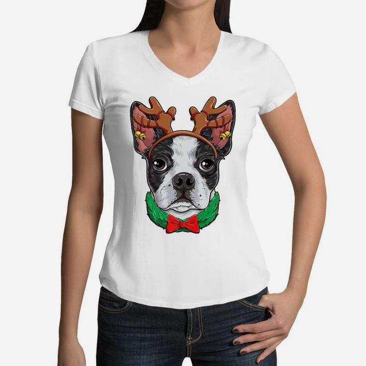 Boston Terrier Christmas Reindeer Antlers Xmas Girls Dog Women V-Neck T-Shirt