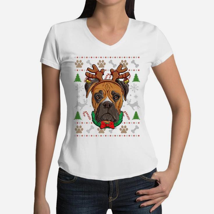 Boxer Ugly Christmas Reindeer Antlers Xmas Girls Kids Women Women V-Neck T-Shirt