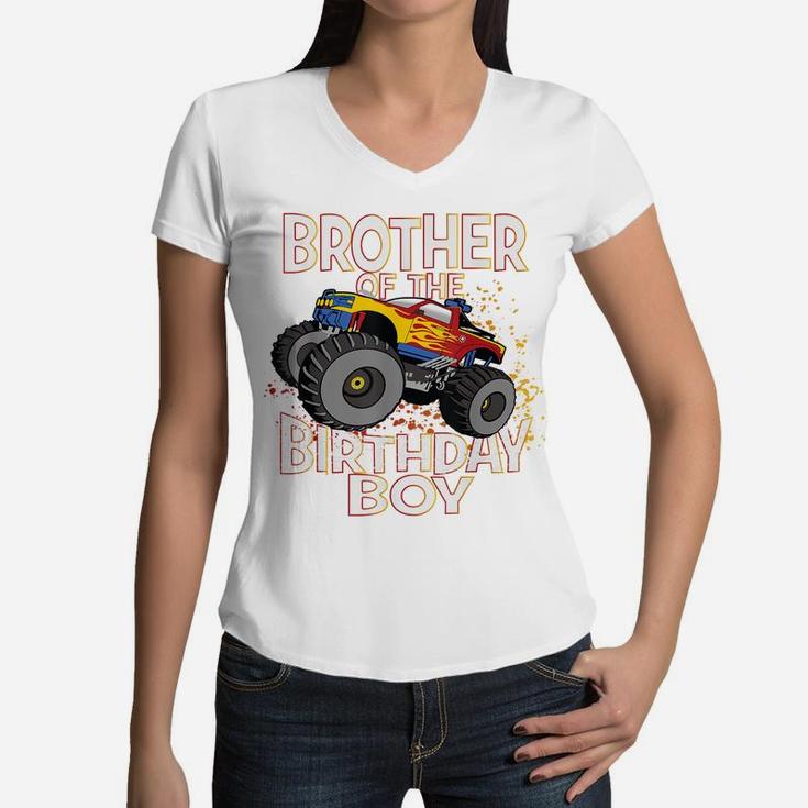 Brother Of The Birthday Boy Monster Truck Boys Party Women V-Neck T-Shirt