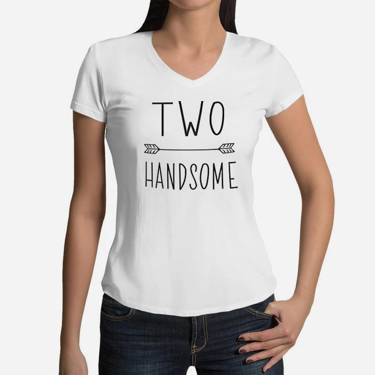 Bump And Beyond Designs Second Birthday Outfit Boy Two Handsome Birthday Women V-Neck T-Shirt