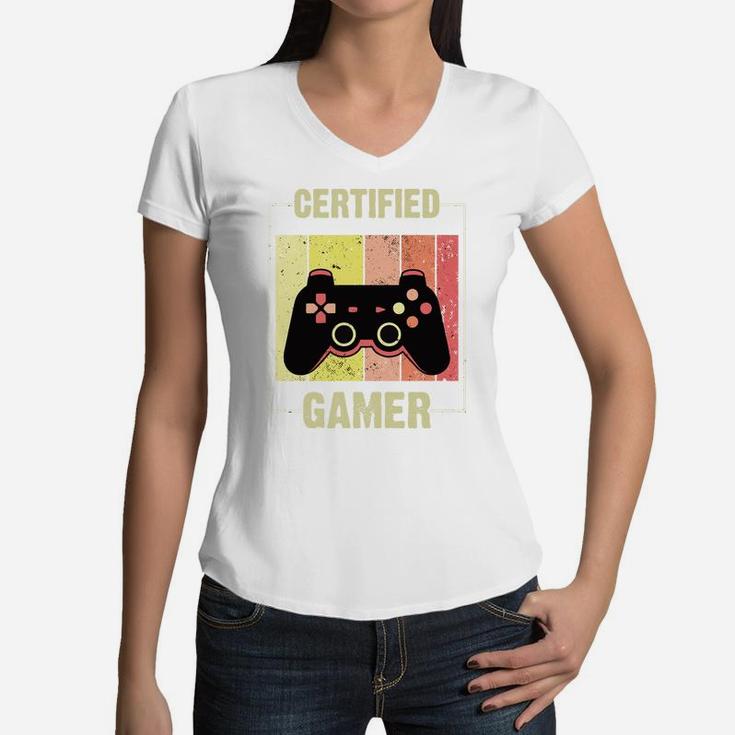 Certified Gamer Retro Funny Video Games Gaming Boys Girls Women V-Neck T-Shirt