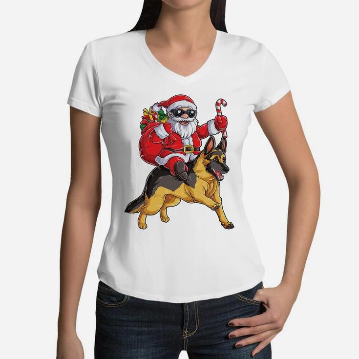 Christmas Santa Claus Riding German Shepherd Xmas Boys Dog Sweatshirt Women V-Neck T-Shirt
