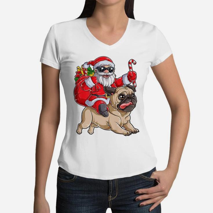 Christmas Santa Claus Riding Pug Xmas Boys Girls Pugmas Dog Women V-Neck T-Shirt