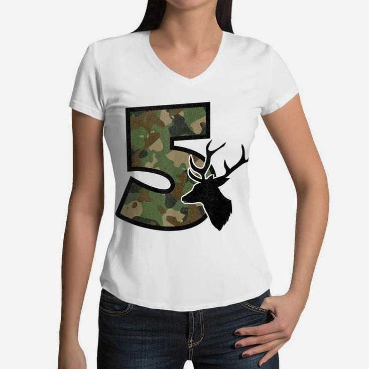Country Boys Camo 5 Five Year Old Birthday Deer Hunter Theme Women V-Neck T-Shirt