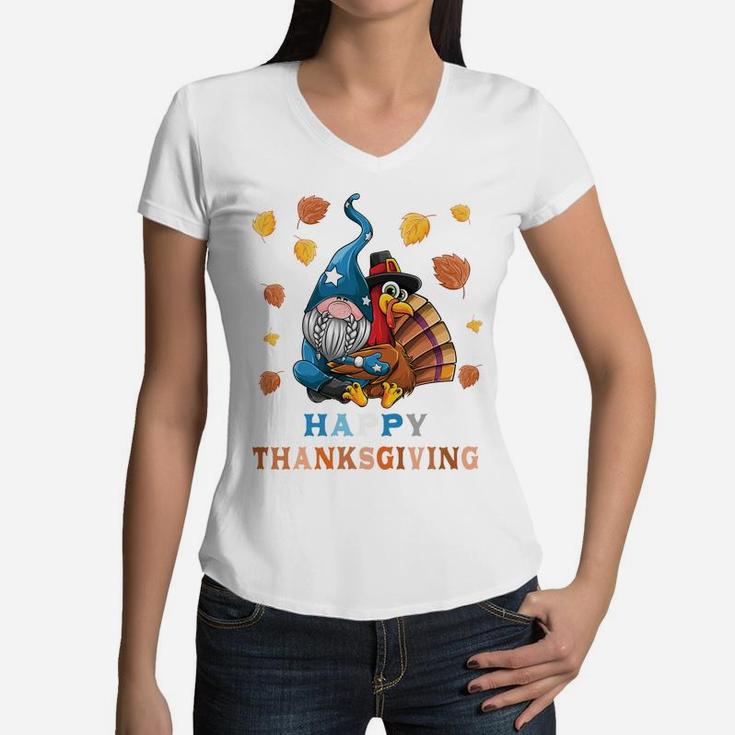 Cute Gnome Hugs Turkey Happy Thanksgiving Girls Boys Kids Women V-Neck T-Shirt