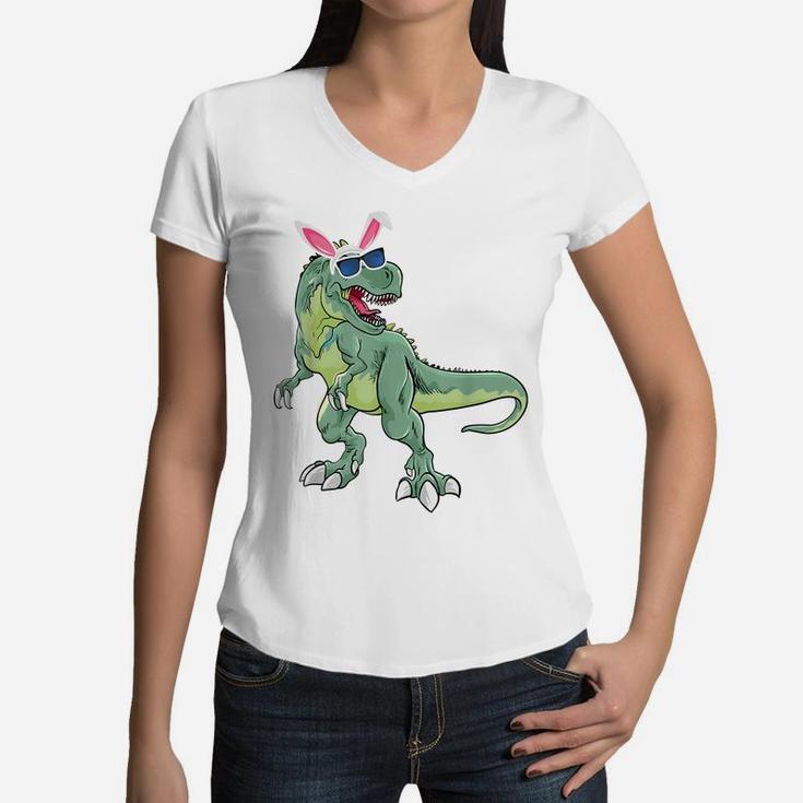 Easter Bunny Dinosaur Boys Girls Kids Retro Vintage Women V-Neck T-Shirt