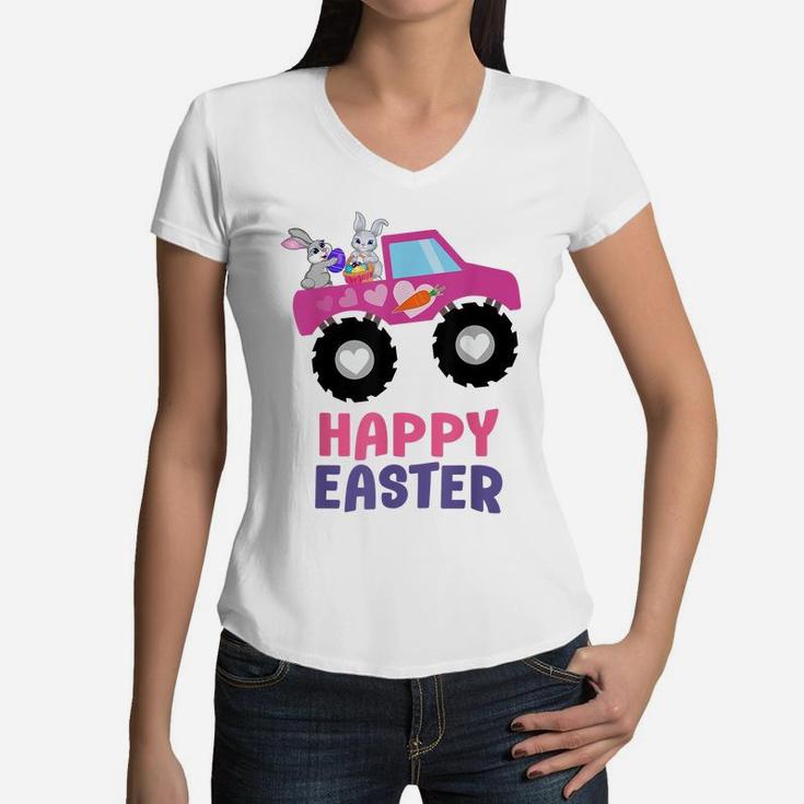 Easter Truck Bunny Eggs For Kids Boys Girls Happy Easter Women V-Neck T-Shirt