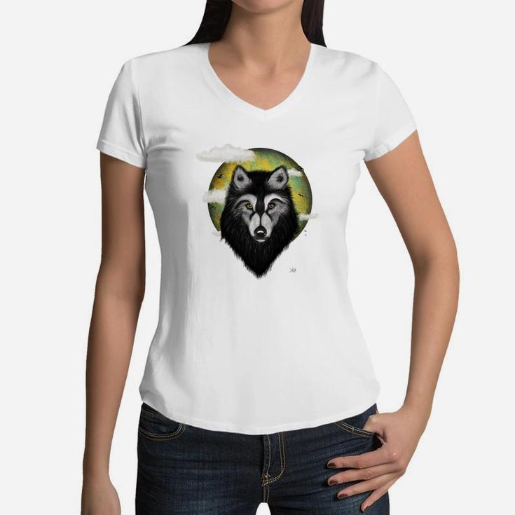 Einsamer Wolf Rudel Alpha Mond Geschenkidee Für Wolfsmenschen Frauen T-Shirt mit V-Ausschnitt