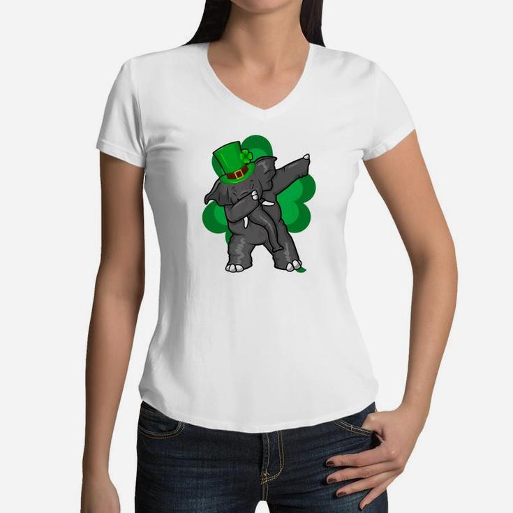 Elephant Dabbing St Patricks Day Irish Shamrock Kids Women V-Neck T-Shirt