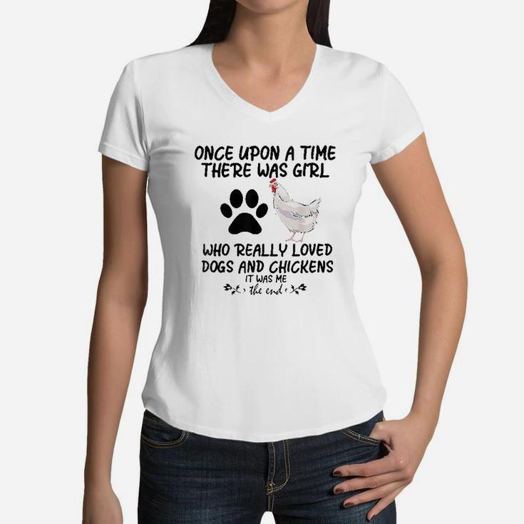 Funny Chicken There Was Girl Who Loved Dogs Chickens Women V-Neck T-Shirt