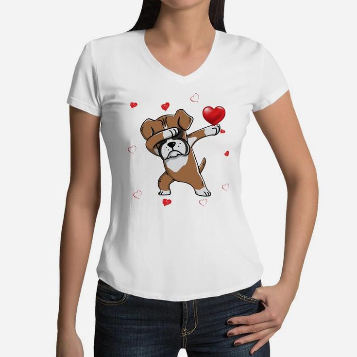 Funny Dabbing Boxer Dog Breeds Valentines Day Gift Women V-Neck T-Shirt