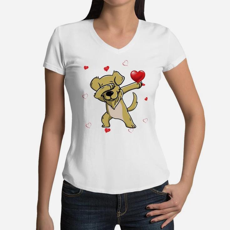 Funny Dabbing Golden Retriever Dog Breeds Valentines Day Gift Women V-Neck T-Shirt