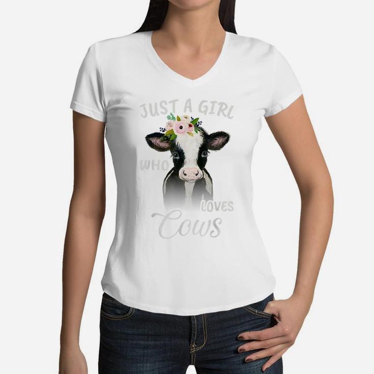 Funny Gift Watercolor Just A Girl Who Loves Cows Women V-Neck T-Shirt