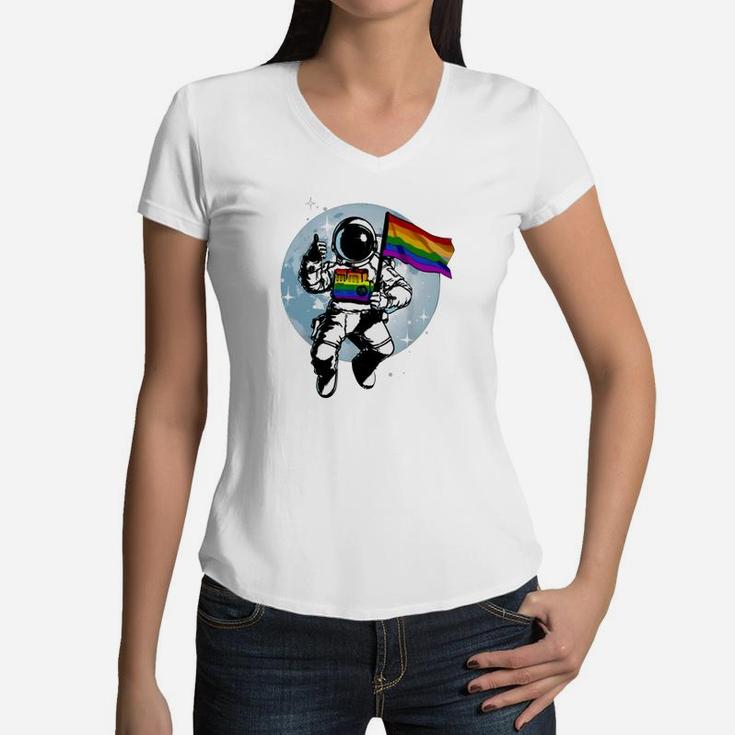 Gay Pride Flag LGBT Month Astronaut  Women V-Neck T-Shirt