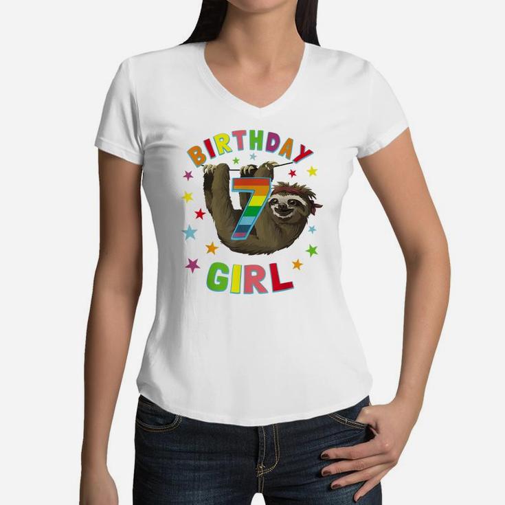 Girl Birthday Sloth 7 Year Old B-Day Party Kids Awesome Gift Women V-Neck T-Shirt