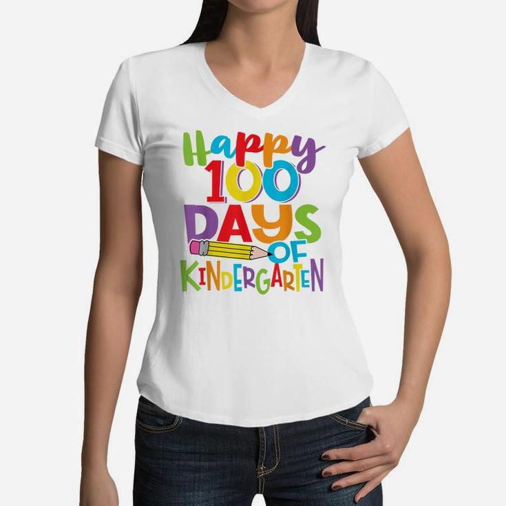 Happy 100 Days Of Kindergarten Teacher And Kids Colorful Women V-Neck T-Shirt
