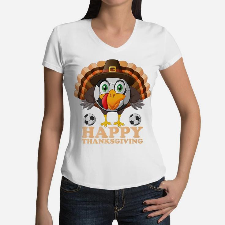 Happy Thanksgiving Boys Kids Turkey Football Soccer Ball Women V-Neck T-Shirt